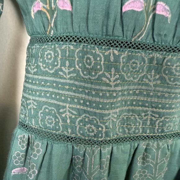 Bell by Alicia Bell Block Print Mini Dress Long Sleeve Green Tassel Tie Boho S - Picture 4 of 12